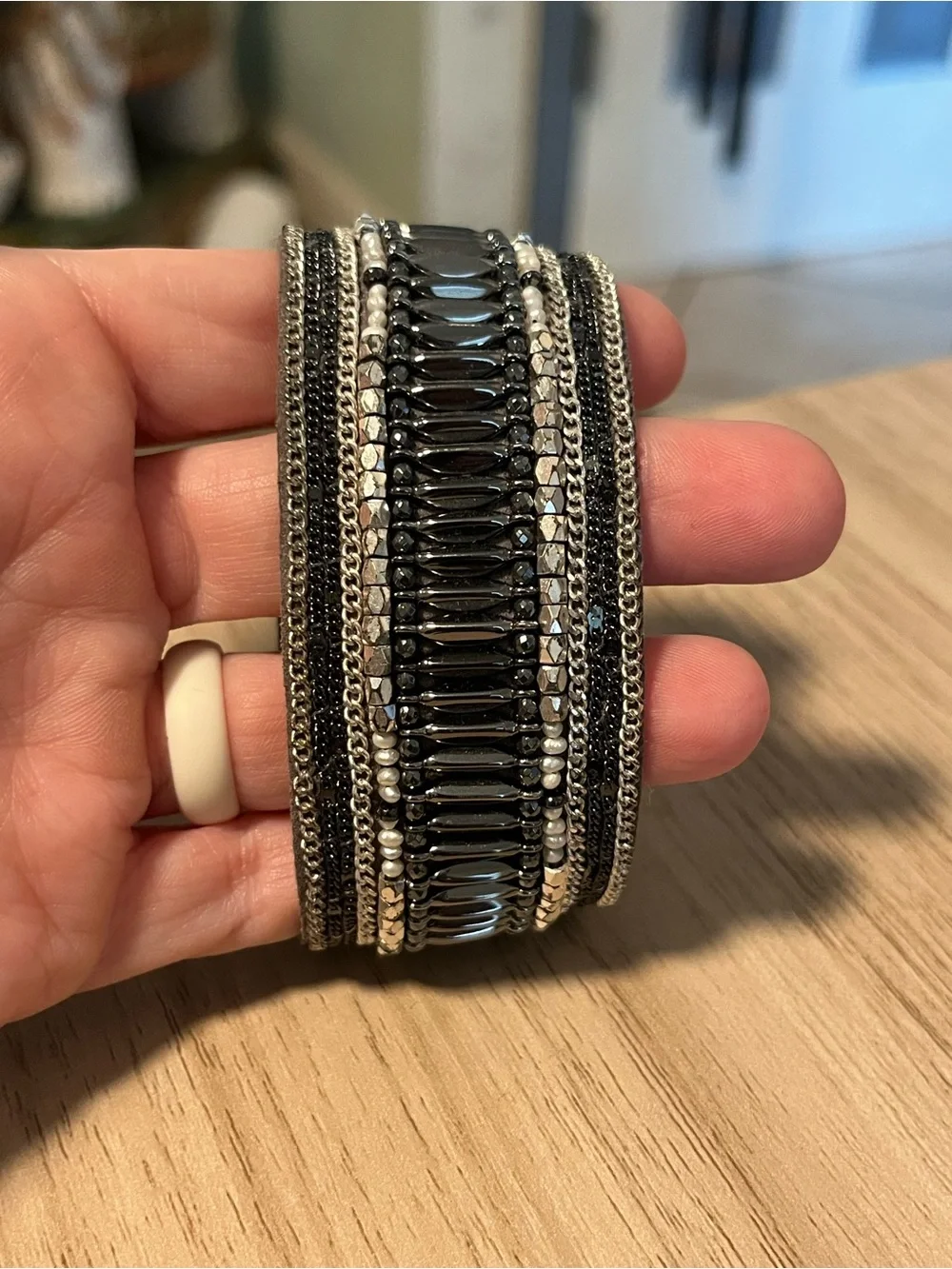 Beaded Multi-Row Black Bracelet Cuff